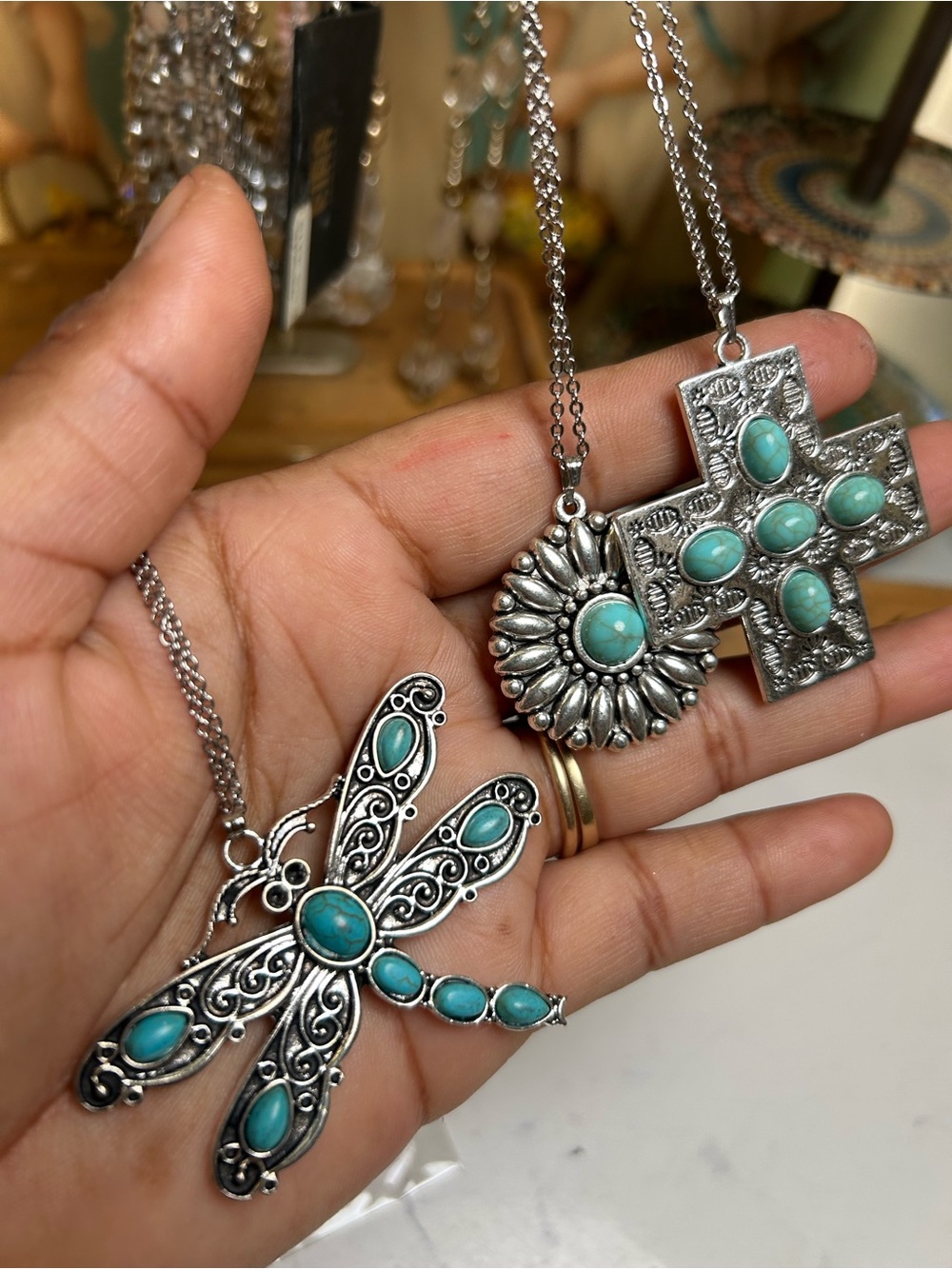 Bundle of 3 Turquoise Stone Silver-Plated Dragonfly & Cross Pendant Necklace Set